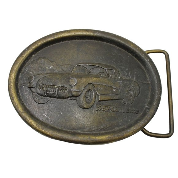 1957 Chevy Chevrolet Corvette Indiana Metal Craft Solid Brass Belt Buckle Vtg - Picture 1 of 9